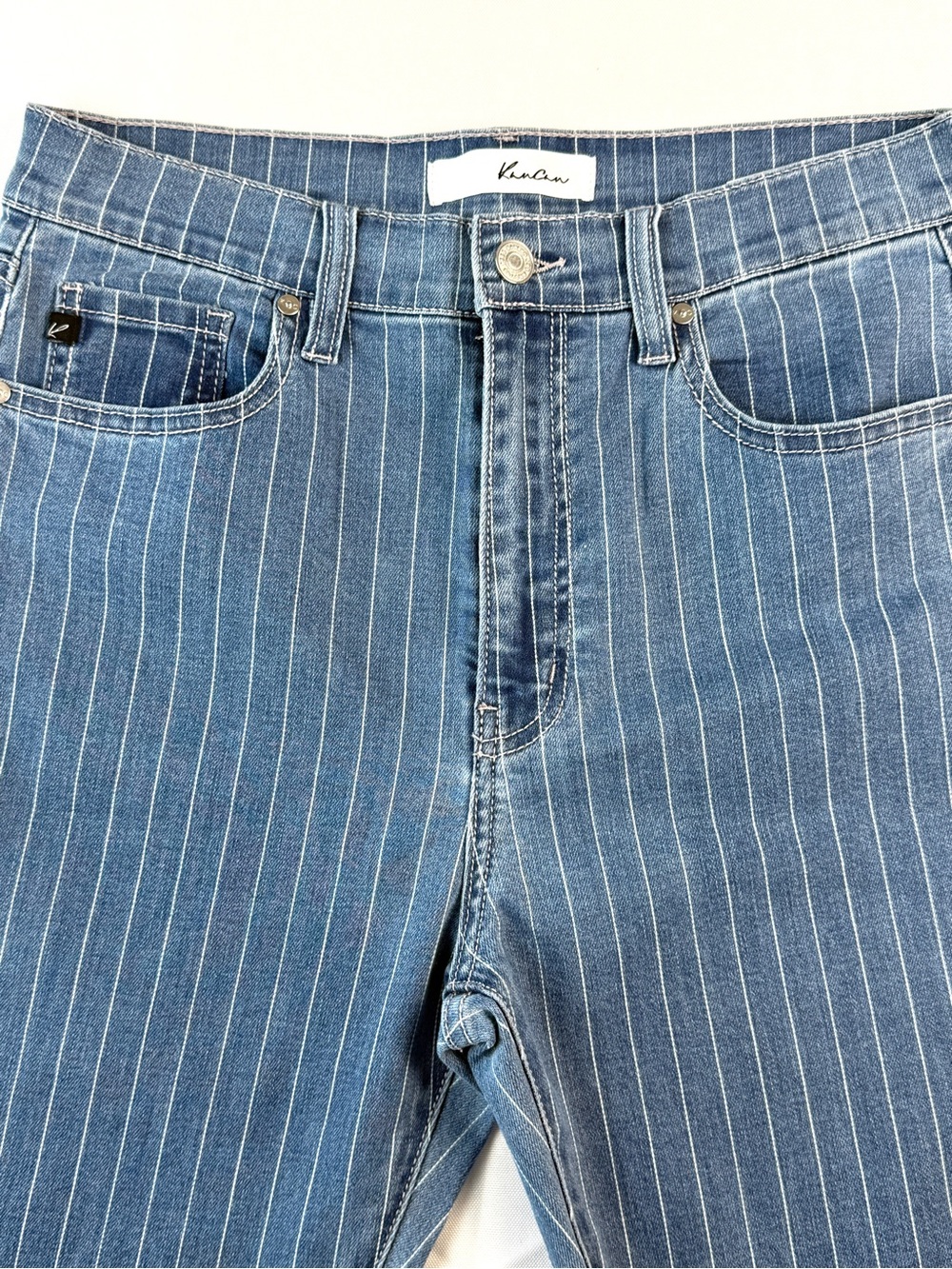 KanCan Pinstripe Flare Jeans Size 9/28 High Rise Blue Denim Bell Bottoms - Picture 3 of 10
